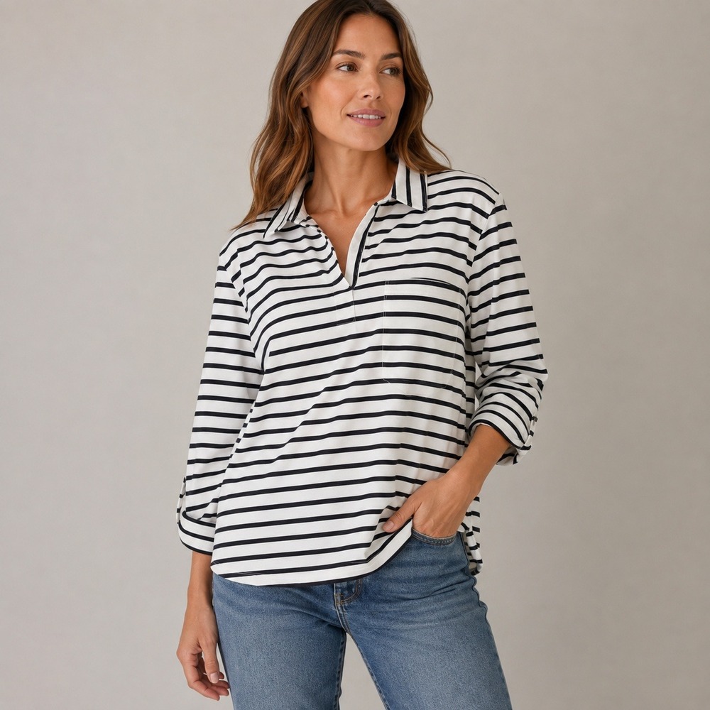 J. Jill Women XL Black White Striped Split Neck Roll Tab Sleeve Tunic Top Blouse